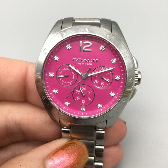 Coach Tristen Watch Women 37mm Silver Tone Day Date Pink Dial New Battery 6" - Picture 5 of 13